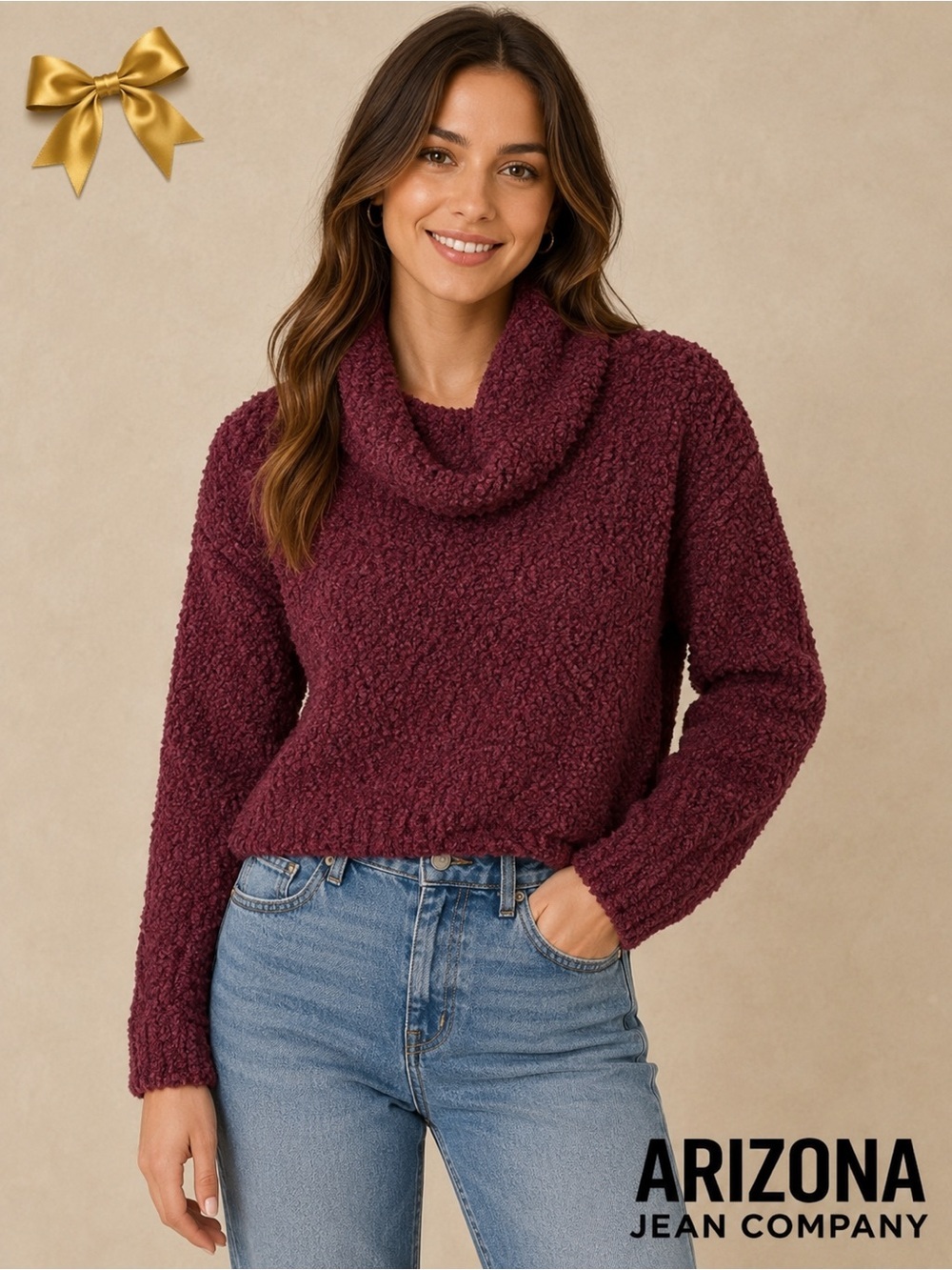 Arizona Jean Co Burgundy Fuzzy Cowl Neck Pullover Sweater Nubby Cropped Size S